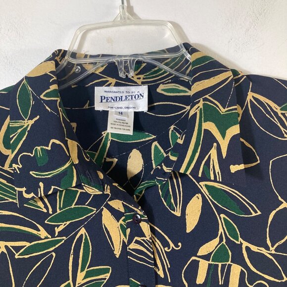 Womens Vintage Pendleton Short Sleeve Button Shirt Leave Pattern 14 Blue Green - Picture 3 of 8